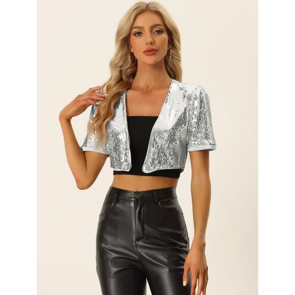 Sequin Shrug Puff Short Sleeve Open Front Glitter Cropped Jackets silver - Picture 4 of 5